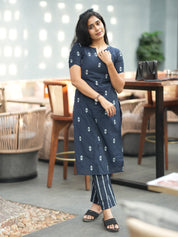 Navy Blue Printed Kurta Pant Set for Women Elegant Cotton Ethnic Wear