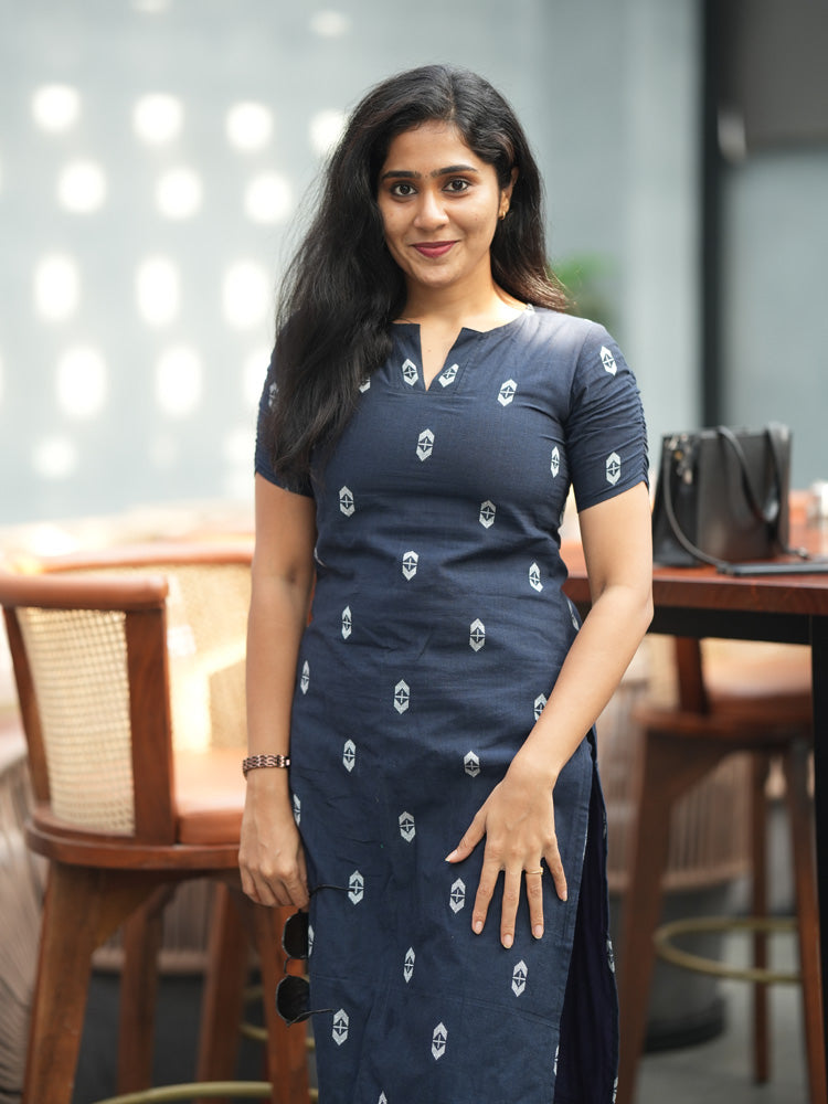 Navy Blue Printed Kurta Pant Set for Women Elegant Cotton Ethnic Wear