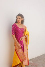 Pink Ethnic Kurta Set for Women with Yellow Banarasi Dupatta Festive Traditional Wear
