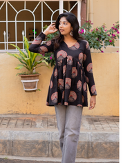 TheHandStitch Noir Orbit Peplum Top for Women Black Printed Fusion Wear
