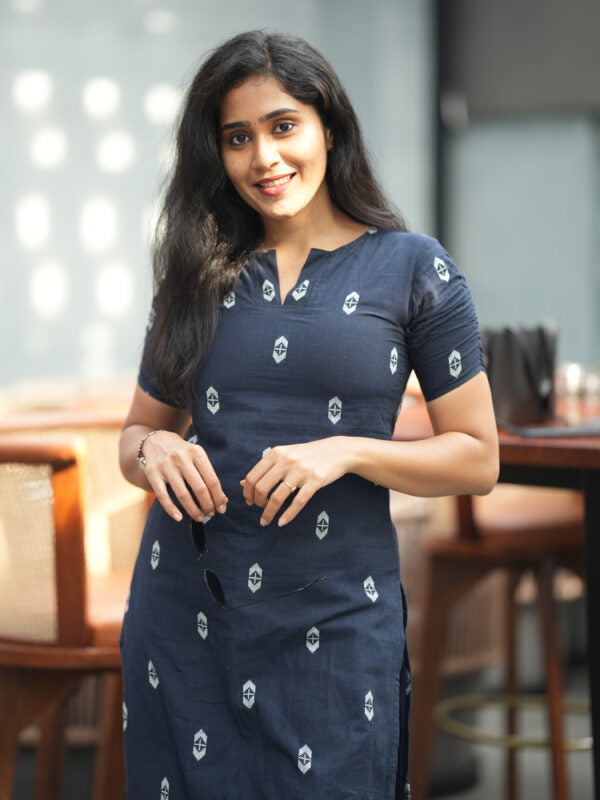Navy Blue Printed Kurta Pant Set for Women Elegant Cotton Ethnic Wear