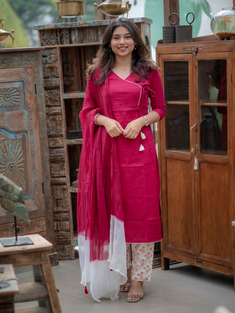 Magenta Cotton Kurta Set with Dupatta for Women Stylish Ethnic Wear