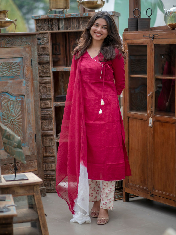 Magenta Cotton Kurta Set with Dupatta for Women Stylish Ethnic Wear