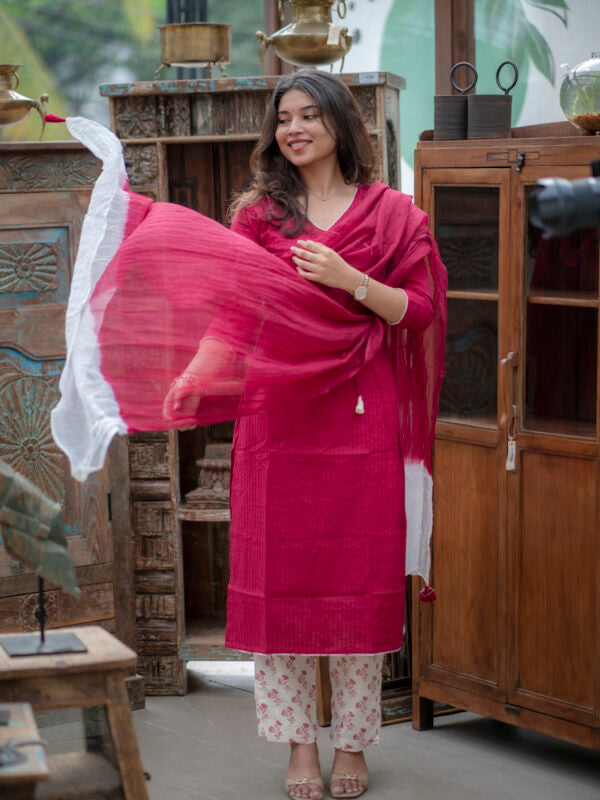 Magenta Cotton Kurta Set with Dupatta for Women Stylish Ethnic Wear