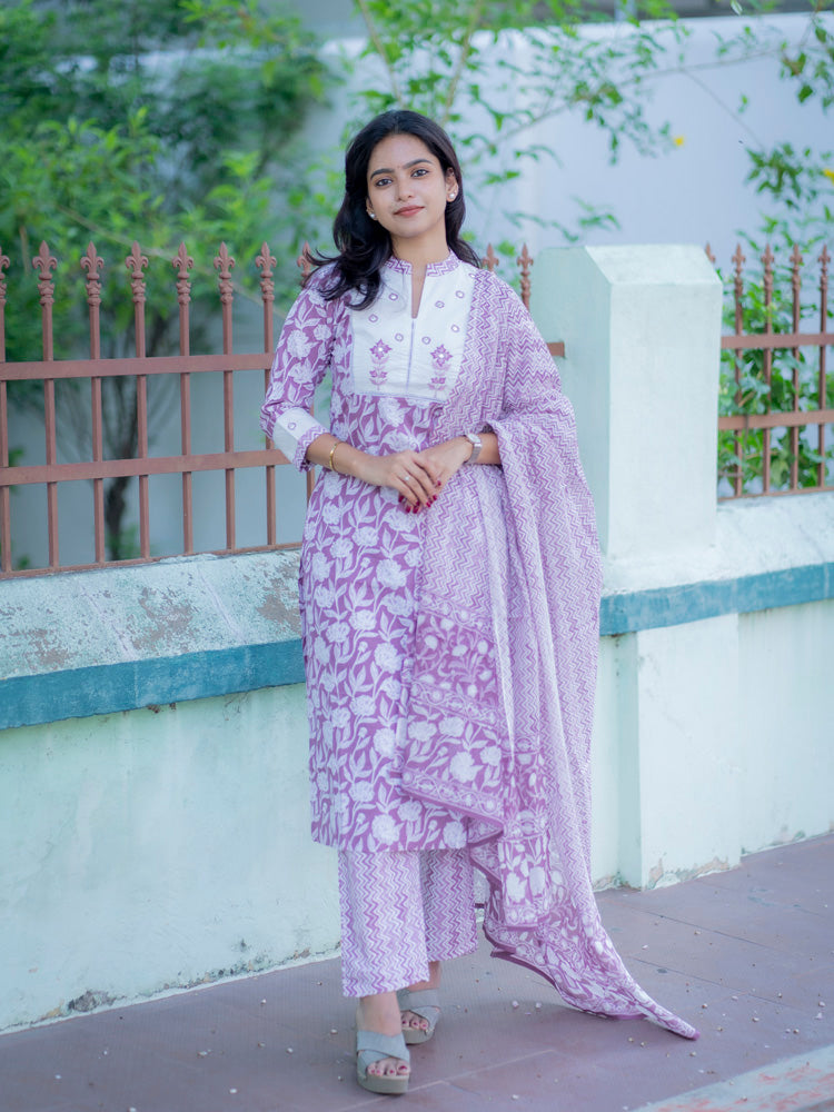 Lavender Floral Printed Kurta Pant Dupatta Set for Women Elegant Ethnic Cotton Suit