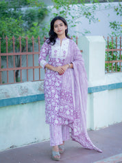 Lavender Floral Printed Kurta Pant Dupatta Set for Women Elegant Ethnic Cotton Suit