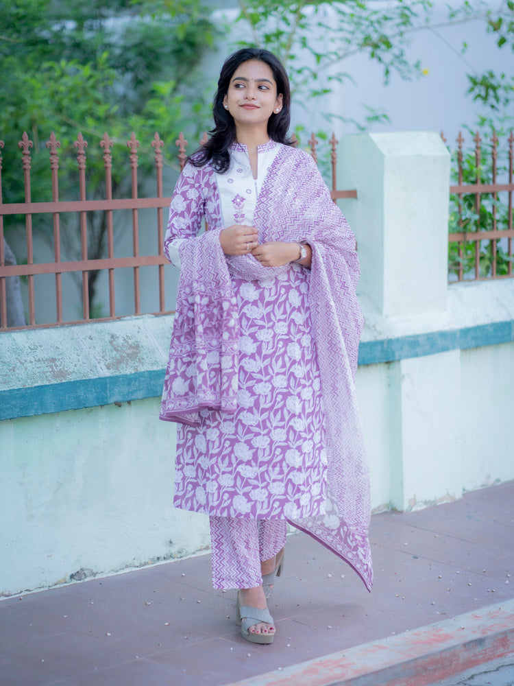 Lavender Floral Printed Kurta Pant Dupatta Set for Women Elegant Ethnic Cotton Suit