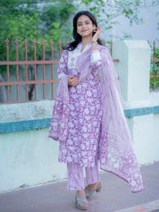 Lavender Floral Printed Kurta Pant Dupatta Set for Women Elegant Ethnic Cotton Suit