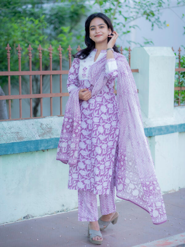 Lavender Floral Printed Kurta Pant Dupatta Set for Women Elegant Ethnic Cotton Suit
