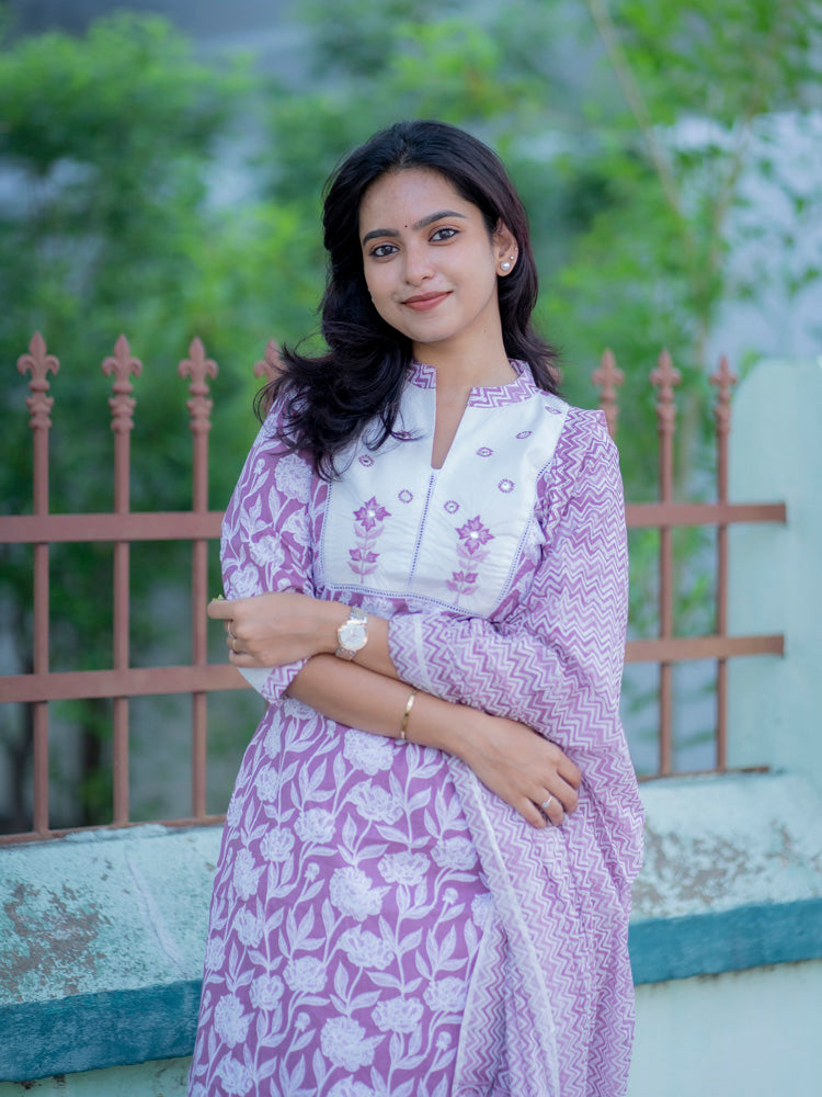Lavender Floral Printed Kurta Pant Dupatta Set for Women Elegant Ethnic Cotton Suit