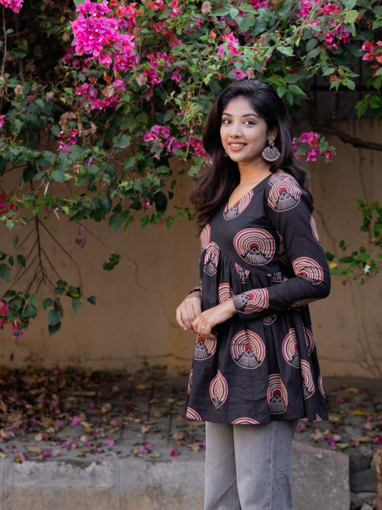 TheHandStitch Noir Orbit Peplum Top for Women Black Printed Fusion Wear