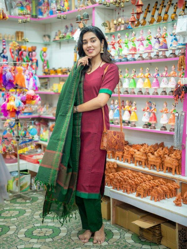 Maroon Kurta Set with Green Dupatta for Women Festive Ethnic Wear