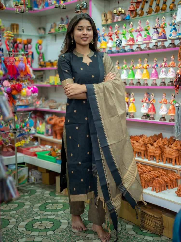 Black & Beige Woven Kurta Set with Dupatta for Women Elegant Festive Ethnic Wear