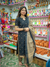 Black & Beige Woven Kurta Set with Dupatta for Women Elegant Festive Ethnic Wear