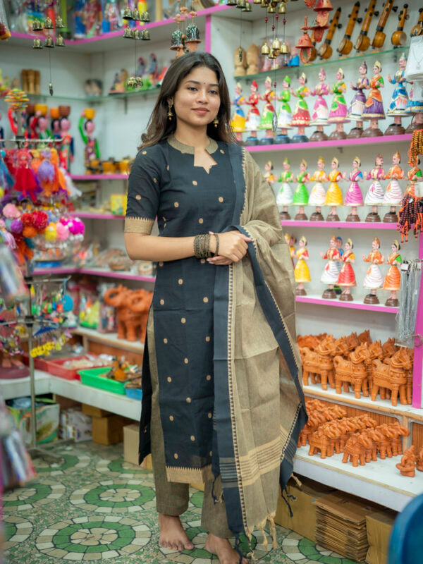 Black & Beige Woven Kurta Set with Dupatta for Women Elegant Festive Ethnic Wear