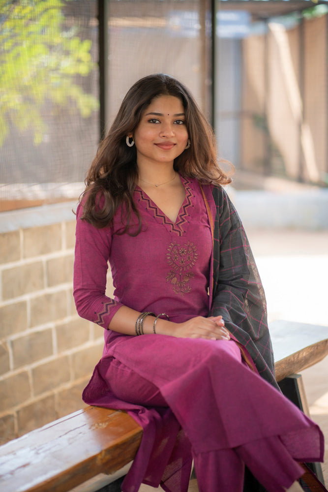 Purple Kurta Set with Black Checked Dupatta for Women Festive Ethnic Wear