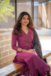 Purple Kurta Set with Black Checked Dupatta for Women Festive Ethnic Wear