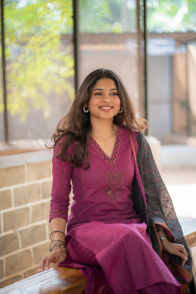 Purple Kurta Set with Black Checked Dupatta for Women Festive Ethnic Wear