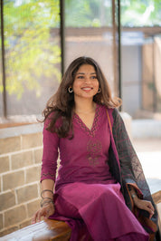 Purple Kurta Set with Black Checked Dupatta for Women Festive Ethnic Wear