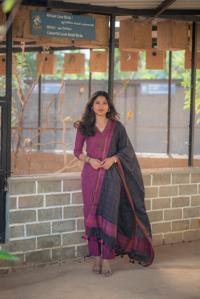 Purple Kurta Set with Black Checked Dupatta for Women Festive Ethnic Wear