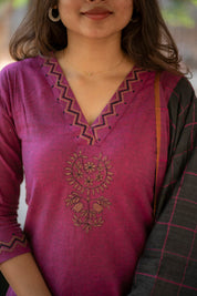 Purple Kurta Set with Black Checked Dupatta for Women Festive Ethnic Wear