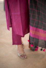 Purple Kurta Set with Black Checked Dupatta for Women Festive Ethnic Wear