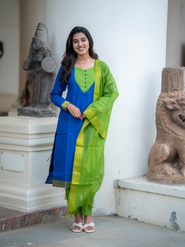 Royal Blue Kurta Set with Lime Green Dupatta for Women Festive Ethnic Wear