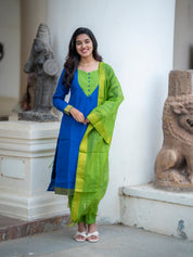 Royal Blue Kurta Set with Lime Green Dupatta for Women Festive Ethnic Wear