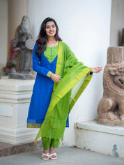 Royal Blue Kurta Set with Lime Green Dupatta for Women Festive Ethnic Wear