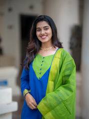 Royal Blue Kurta Set with Lime Green Dupatta for Women Festive Ethnic Wear