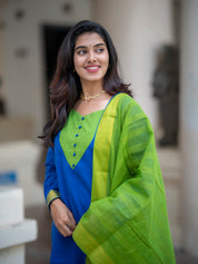 Royal Blue Kurta Set with Lime Green Dupatta for Women Festive Ethnic Wear