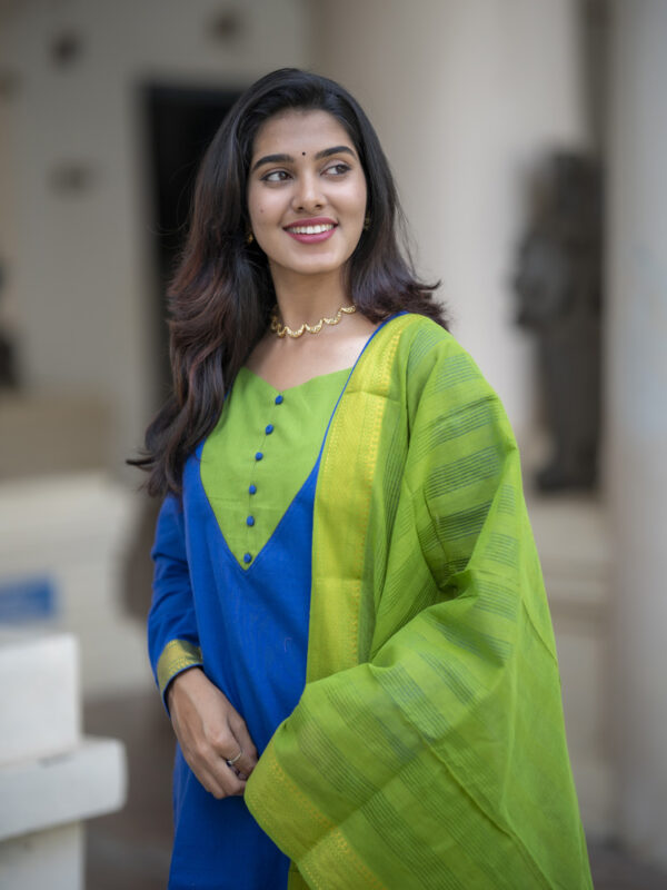 Royal Blue Kurta Set with Lime Green Dupatta for Women Festive Ethnic Wear