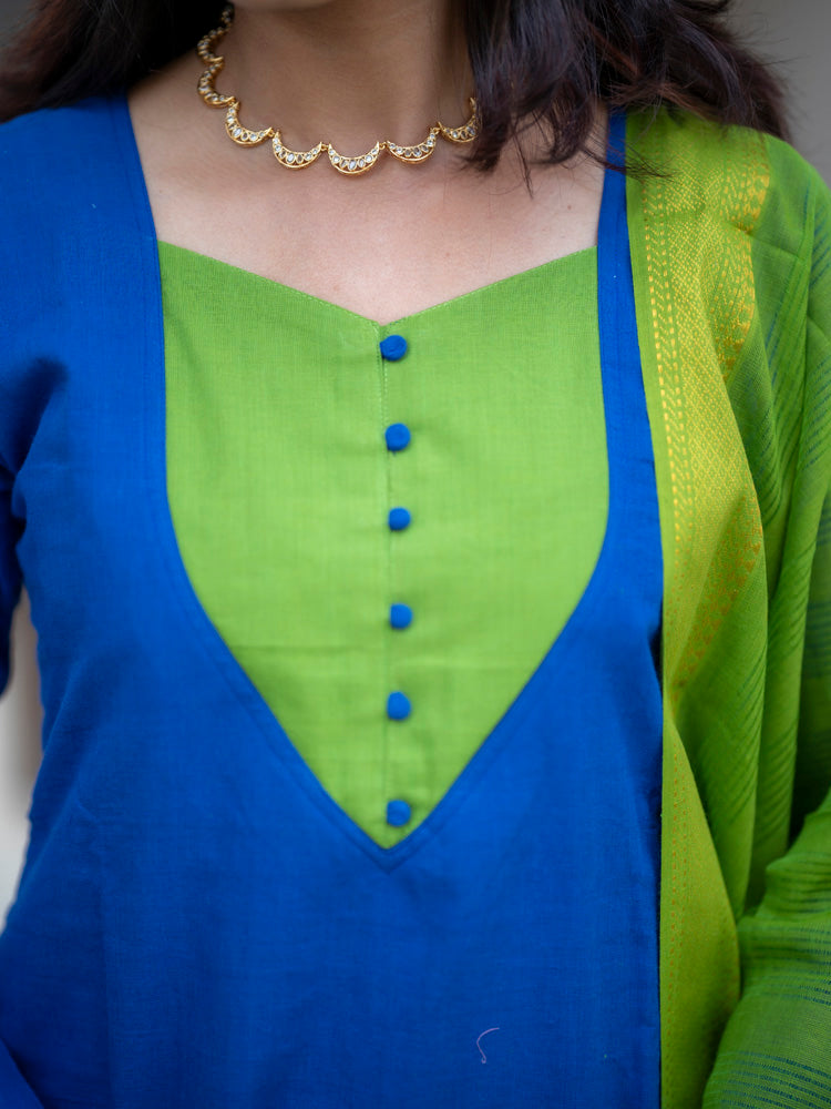 Royal Blue Kurta Set with Lime Green Dupatta for Women Festive Ethnic Wear