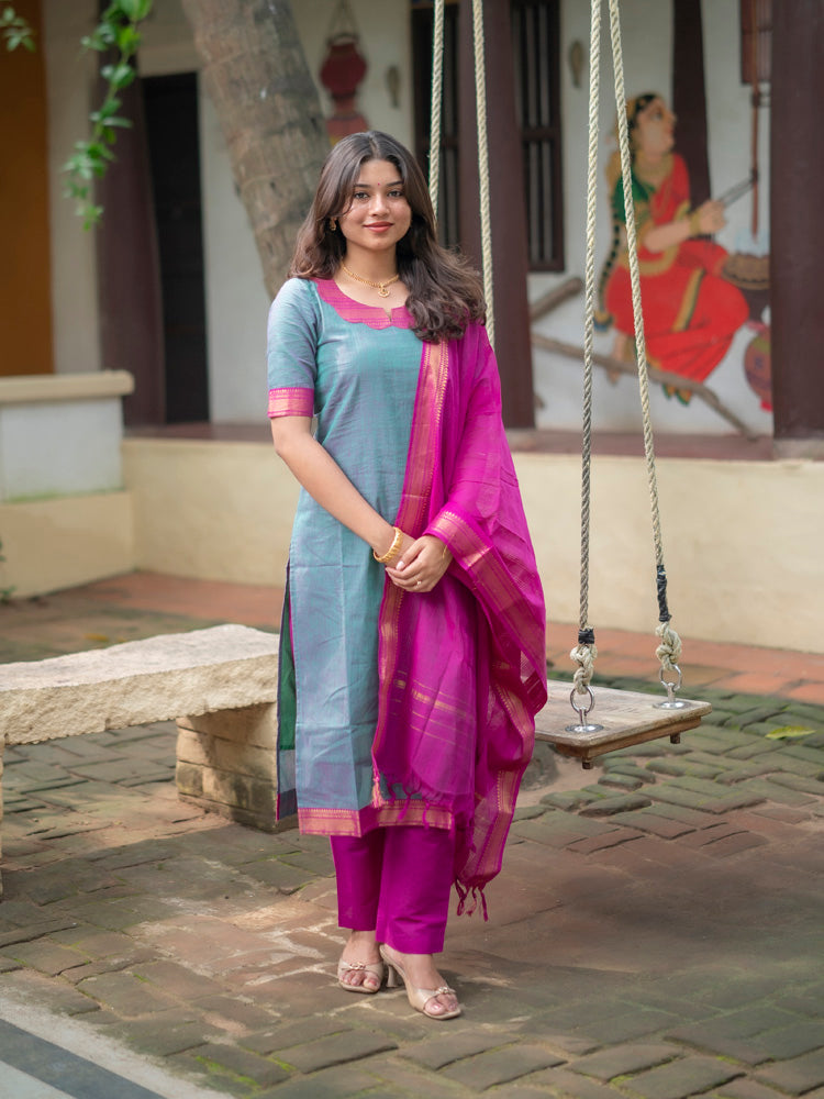 Sky Blue Kurta Set with Pink Dupatta for Women Elegant Festive Ethnic Wear