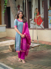 Sky Blue Kurta Set with Pink Dupatta for Women Elegant Festive Ethnic Wear