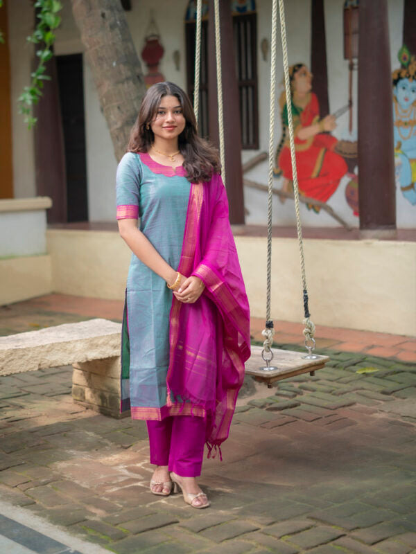 Sky Blue Kurta Set with Pink Dupatta for Women Elegant Festive Ethnic Wear