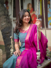 Sky Blue Kurta Set with Pink Dupatta for Women Elegant Festive Ethnic Wear