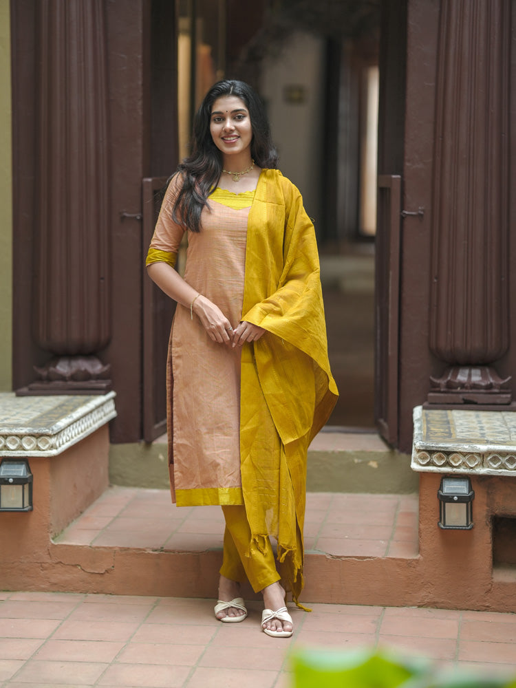 TheHandStitch Peach & Mustard Designer Kurti Set with Solid Dupatta Elegant Ethnic Wear for Women