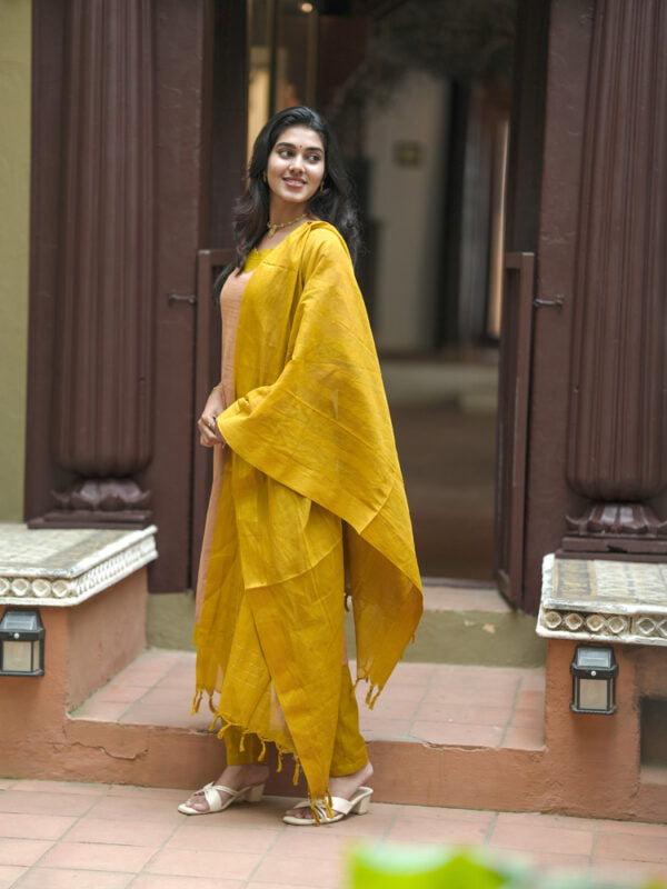 TheHandStitch Peach & Mustard Designer Kurti Set with Solid Dupatta Elegant Ethnic Wear for Women