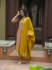 TheHandStitch Peach & Mustard Designer Kurti Set with Solid Dupatta Elegant Ethnic Wear for Women