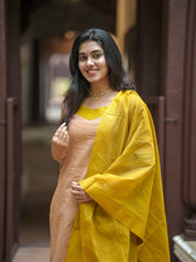 TheHandStitch Peach & Mustard Designer Kurti Set with Solid Dupatta Elegant Ethnic Wear for Women