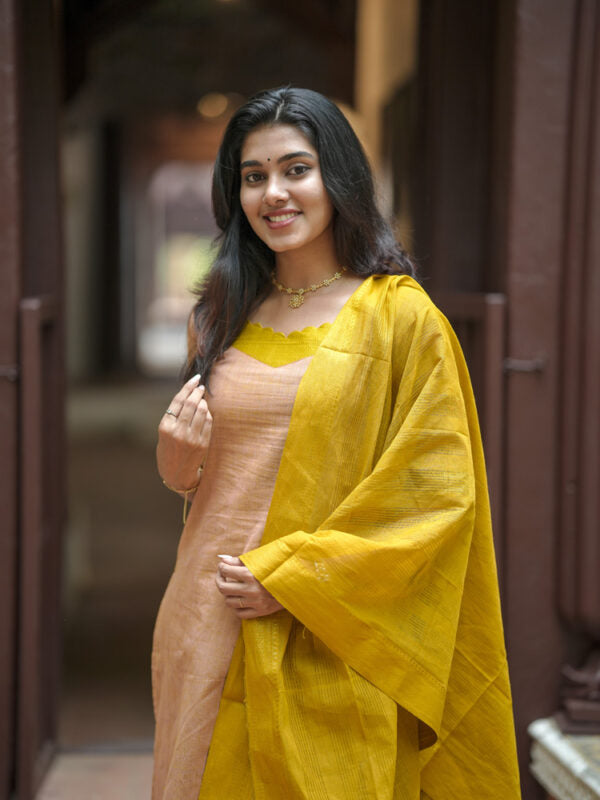 TheHandStitch Peach & Mustard Designer Kurti Set with Solid Dupatta Elegant Ethnic Wear for Women