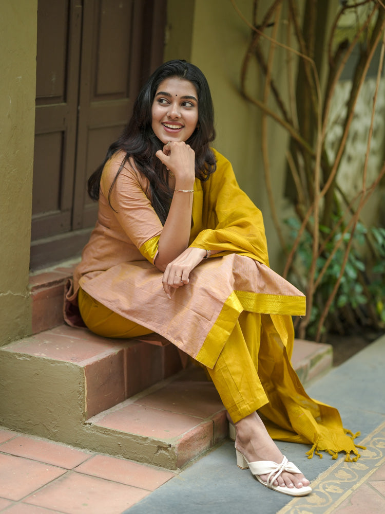 TheHandStitch Peach & Mustard Designer Kurti Set with Solid Dupatta Elegant Ethnic Wear for Women