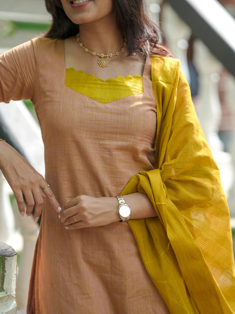 TheHandStitch Peach & Mustard Designer Kurti Set with Solid Dupatta Elegant Ethnic Wear for Women