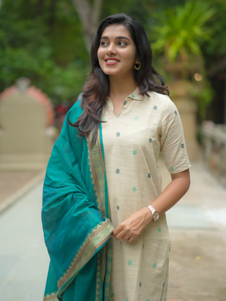 TheHandStitch Ivory Beige Kurti Set with Teal Blue Dupatta Elegant Traditional Wear for Women