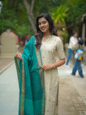 TheHandStitch Ivory Beige Kurti Set with Teal Blue Dupatta Elegant Traditional Wear for Women