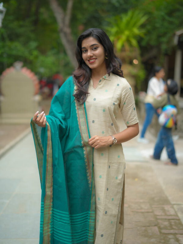 TheHandStitch Ivory Beige Kurti Set with Teal Blue Dupatta Elegant Traditional Wear for Women