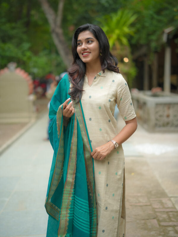 TheHandStitch Ivory Beige Kurti Set with Teal Blue Dupatta Elegant Traditional Wear for Women