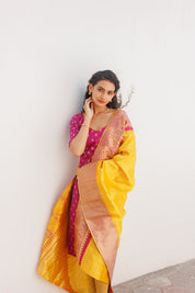 Pink Ethnic Kurta Set for Women with Yellow Banarasi Dupatta Festive Traditional Wear
