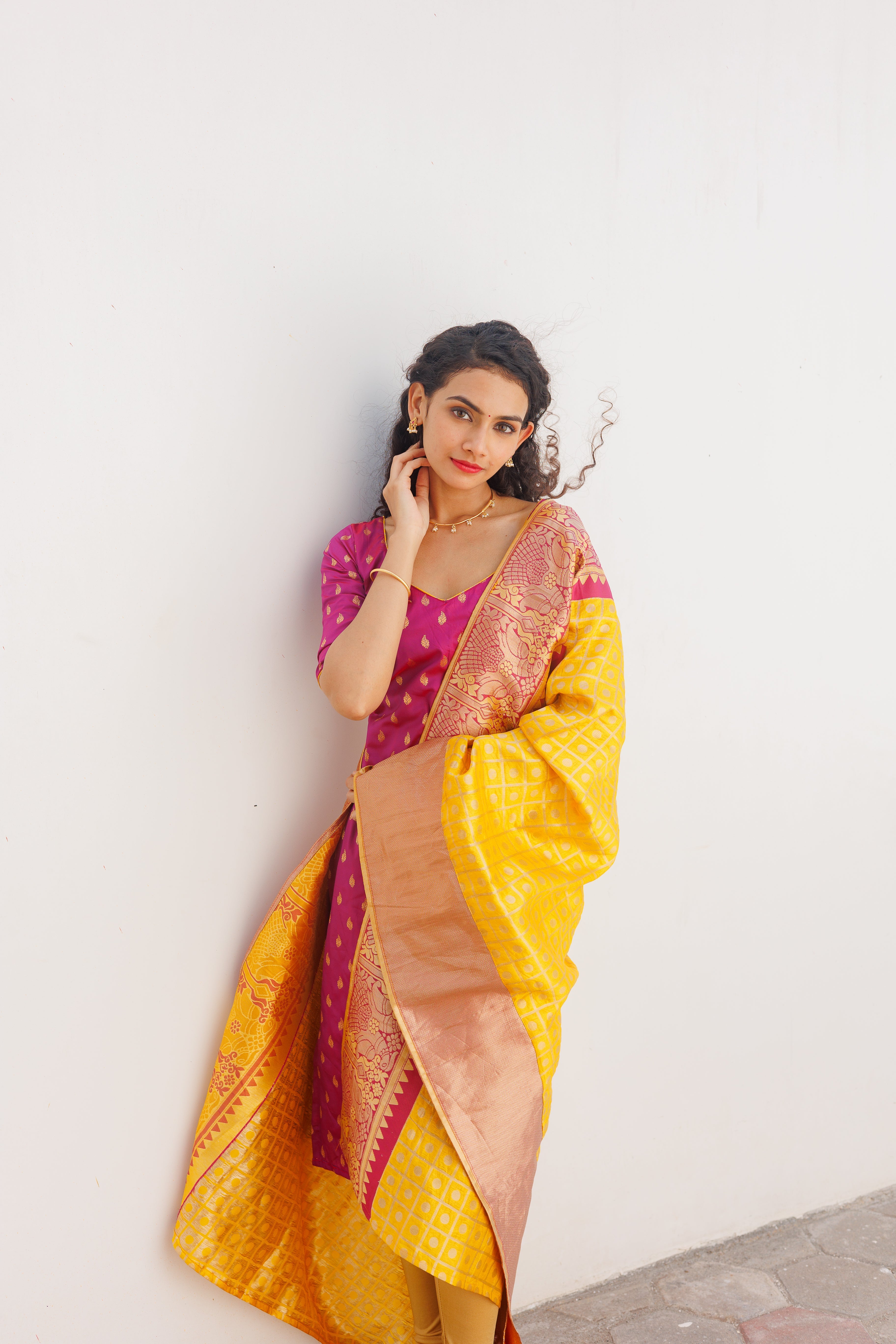 Pink Ethnic Kurta Set for Women with Yellow Banarasi Dupatta Festive Traditional Wear